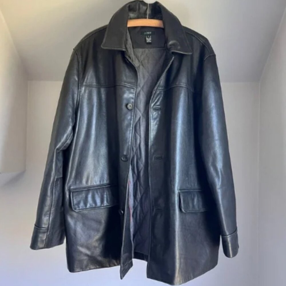 Vintage J. Crew Men's Black Leather Button Down Car Coat Jacket Size XL